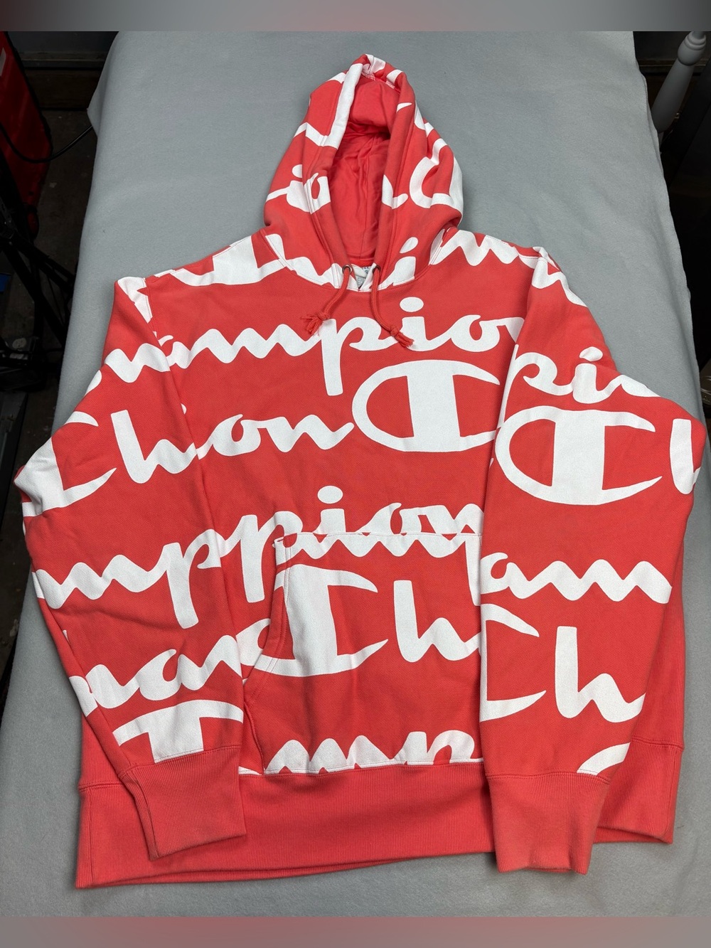 Champion Reverse Weave AOP Script Hoodie Coral 2XL